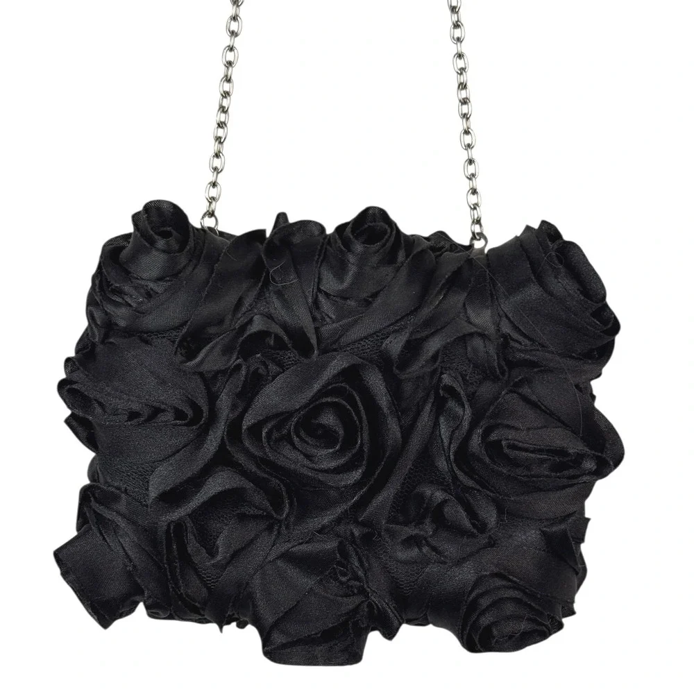 Expressions NYC‎ Black Rose Satin Evening Bag Party Clutch Chain Strap